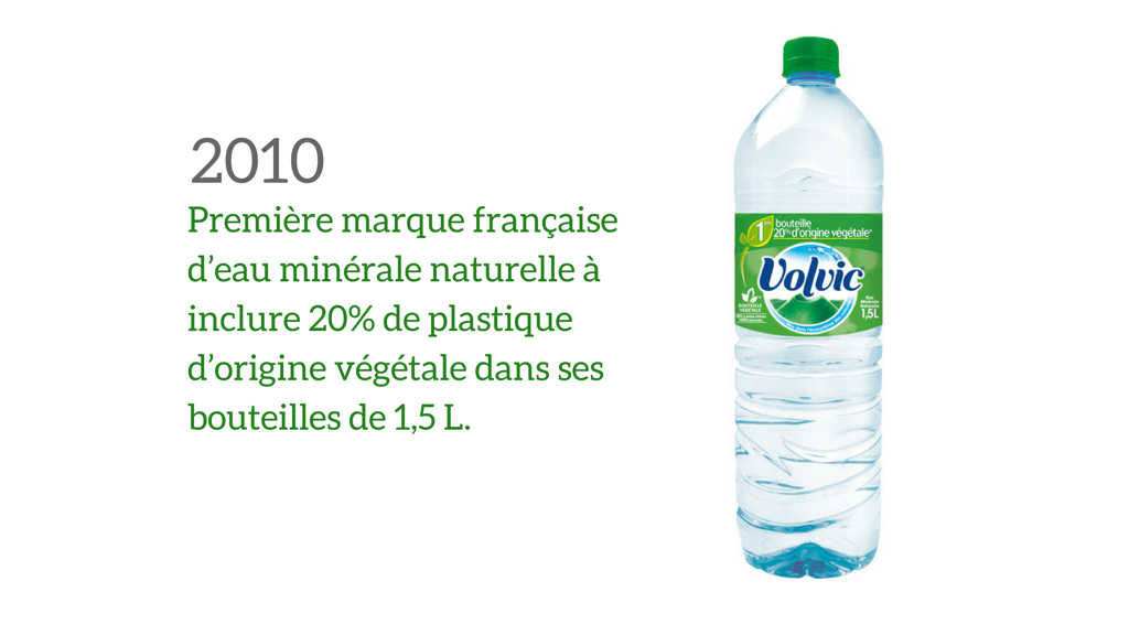 Première bouteille de Volvic incluant 20% de plastique d'origine végétale en 2010 Première bouteille de Volvic incluant 20% de plastique d'origine végétale en 2010